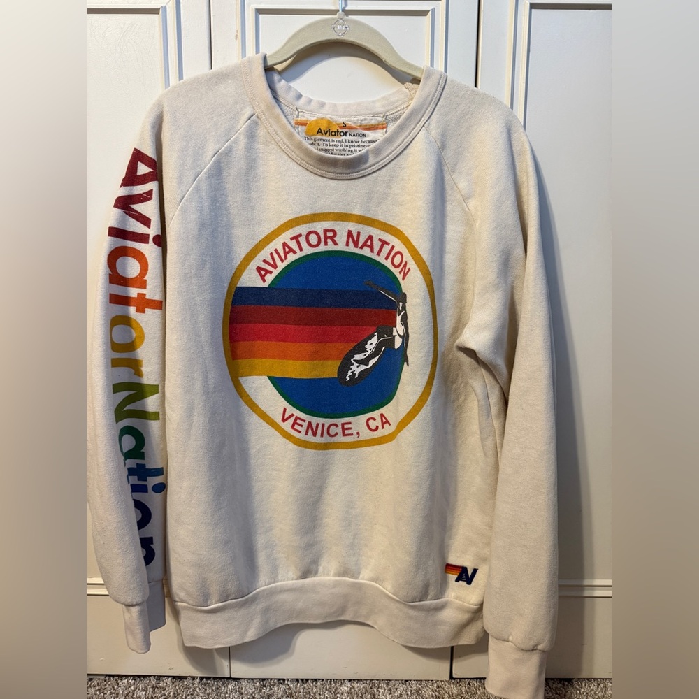 Aviator Nation Cream Crewneck with Multicolor Graphics